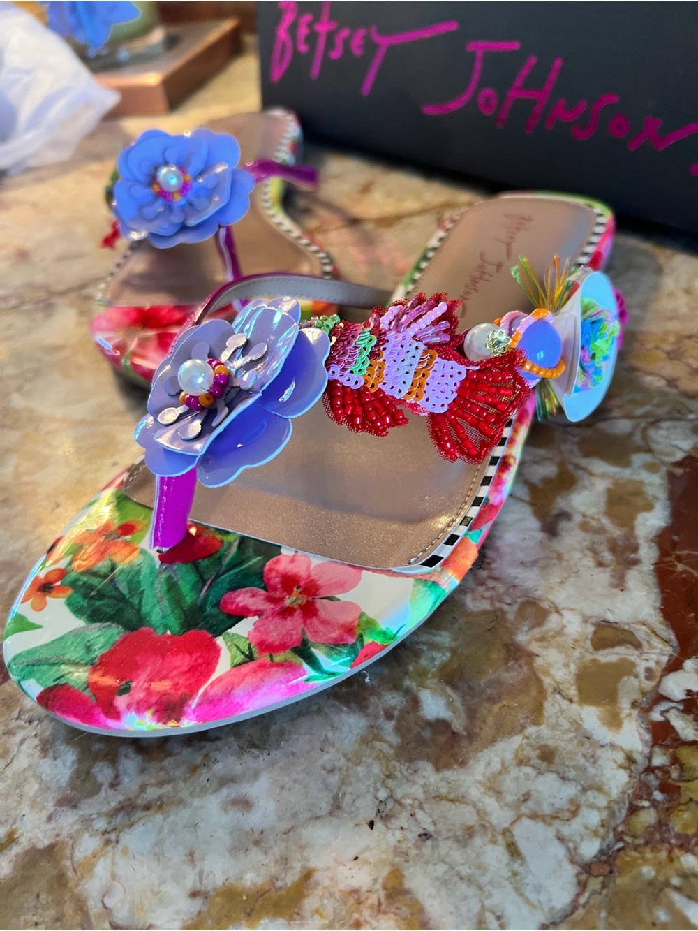 Betsey Johnson Pink Multi Floral Beaded Slide Sandals - Picture 2 of 14